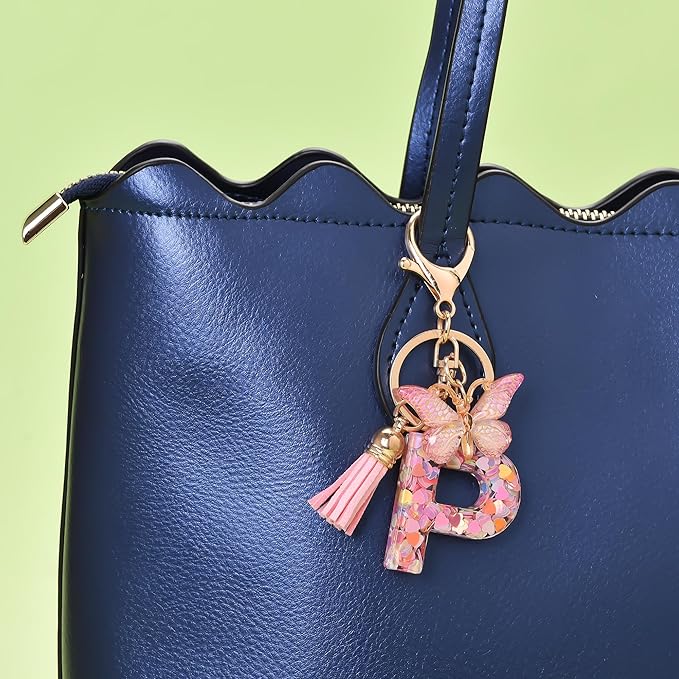 Fashion Alphabet Initial Letter Keychain Tassel Butterfly Pendant Key Ring for Purse Handbags Women Girl
