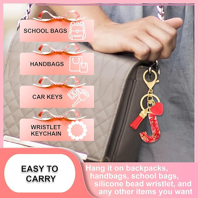 Initial Keychains for Women with Cute Heart Resin - Alphabet Letter Keychain for Bag, Backpacks, Purse or Car key