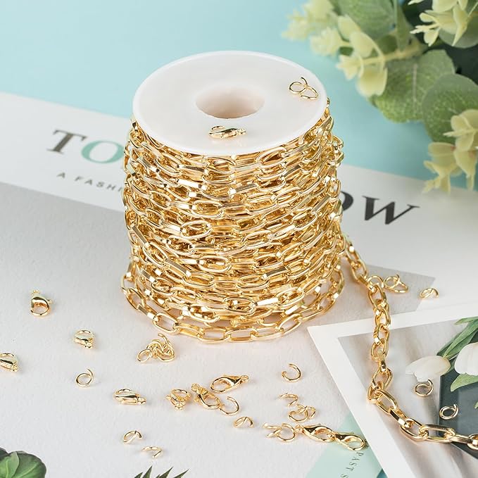 UMAOKANG 10 Meters Paperclip Chain for Jewelry Making Gold Plated Aluminum Jewelry Chains Bulk Unwelded Oval Paperclip Link Chain Necklace Bracelet DIY for Women and Men
