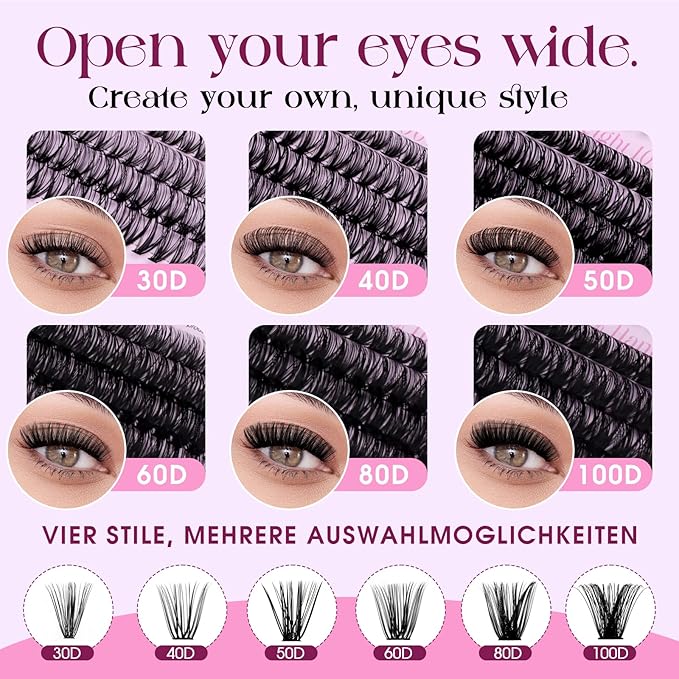Lash Clusters 30D+40D+50D+60D+80D+100D Wispy Individual Lashes C-Curly Volume Lash Extensions 10-16mm Natural DIY Cluster Lashes for Beginners