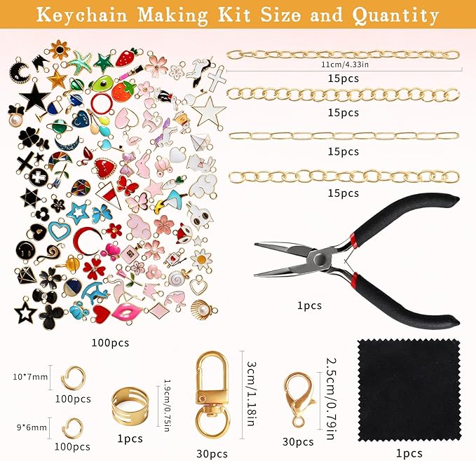 SUTROMA 423Pcs Lip Gloss Keychain Making Kit with Charms | Including 100 Charms 60 Keychain Clips 30 Extender Chains 1 Jewelry Pliers | DIY Keychains Supplies for bag charms and Jewelry Making (Kind2)