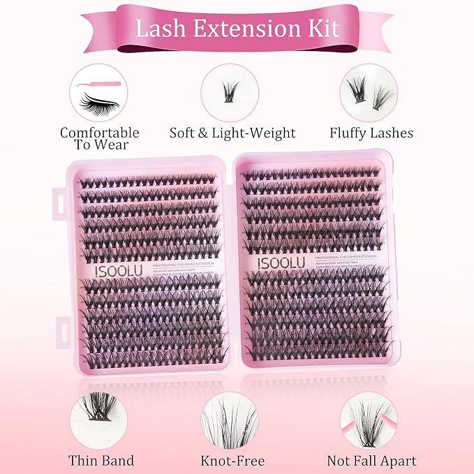 ISOOLU Fairy Lash Clusters Manga Individual Lashes C Curl Wispy Eyelash Clusters WideSpan Eyelash Extension Kit with Lash Bond and Seal Wet-Look Spiky Cluster Lashes (40D 9-16mm D 0.07)
