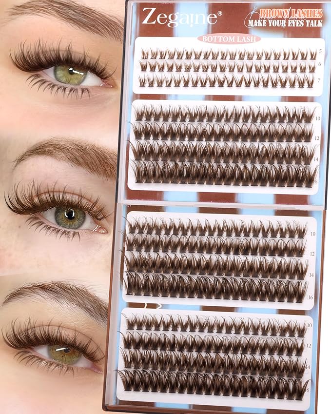 Brown Lash Clusters With Bottom Eyelash Clusters Natural Look Cluster Eyelash Extensions 300Pcs Dark Brown Wispy Lash Clusters D-Curly Individual Lashes 10-16MM by Zegaine
