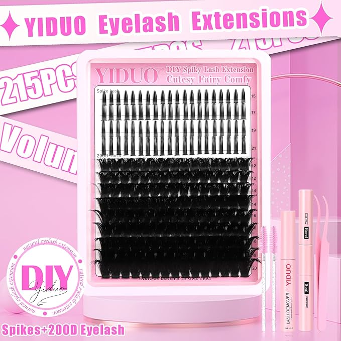 YIDUO Lashes Clusters Kit 200D Volume EyeLash Clusters with Spikes 12-20MM D Curl Manga Wispy Lashes Extensions Kit 230pcs Thick Individual DIY Lashes Clusters with Bond and Seal Tweezers Removers