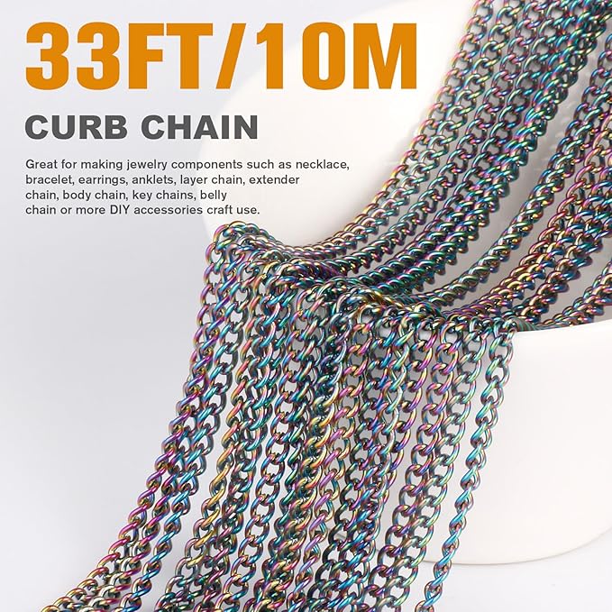 66FT Colorful Stainless Steel Curb Chains Roll, 1.5mm 304 Stainless Steel Multi Color Flat Twisted Links Curb Chains Bulk Spool for Jewelry Making DIY Craft