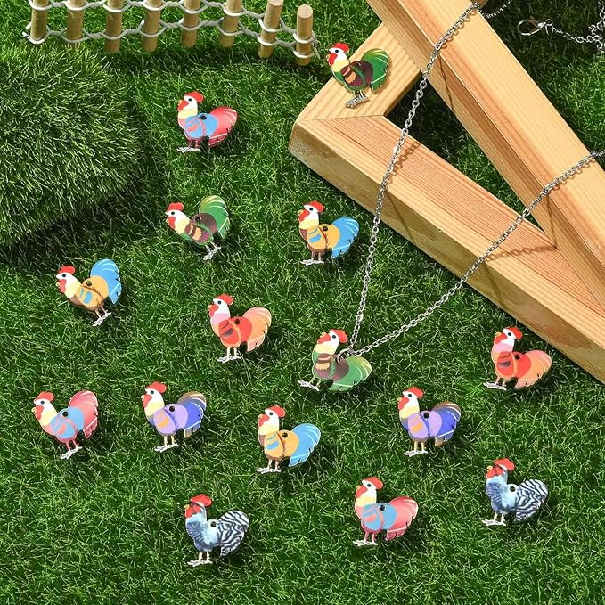 Stiesy 30 Pcs 6 Colors Enamel Cute Farm Animal Pendant Charm Colorful Printed Rooster Cock Dangle Charms Bulk for Jewelry Making DIY Necklace Bracelet Crafting