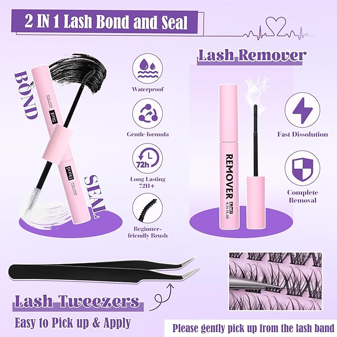 ALICE Natural Lash Clusters Kit Wispy Lash Extension Kit Cluster Eyelash Extension Kit C Curl 9-16mm Individual Lashes with Lash Glue Bond and Seal Lash Remover and Tweezers