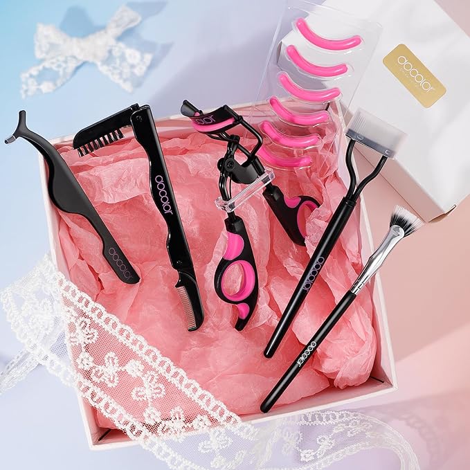 Docolor Eyelash Curler Kit, 5 in 1 Lash Curler Kit, eyelash comb fan mascara brush eyelash extension tweezers eyebrow brush and comb with 6 Extra Replacement Refill Pads Eyelash Applicator Makeup Tool