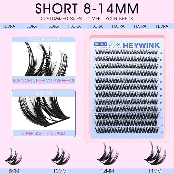 Flora Lash Clusters Kit Short 8-14mm Wispy Eyelash Clusters WideSpan DIY Eyelash Extension Kit Lashes Individual Lashes Eyelashes Clusters with 0.05mm Ultra-Thin Black Band by HEYWINK(Flora Short Kit)