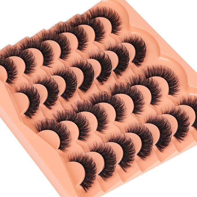 JIMIRE False Eyelashes 14 Pairs Full Faux Mink Lashes Fluffy D Curl Strip Lashes Look Like Eyelash Extensions 15MM Wispy Eyelashes Natural Fake Lashes Pack