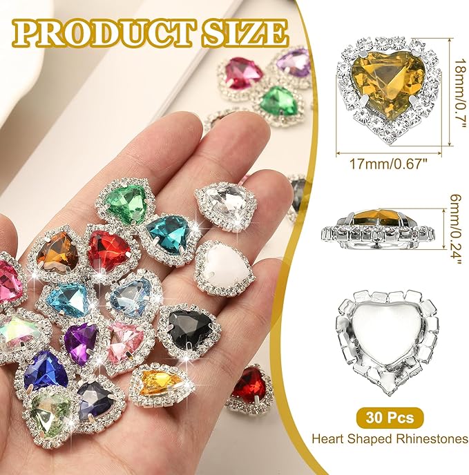 PATIKIL 30PCS Heart Rhinestones, Sew on Rhinestones Buttons Crystal Heart Nail Charm Embellishment Flatback Diamond for Sewing DIY Clothing Wedding, Yellow