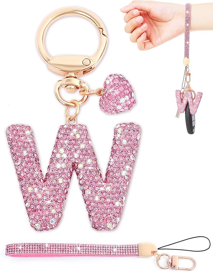 Initial Keychain for Women Girls,Bling Letter Key chain Initial with Heart,Pink Keychain Charms for Backpack Handbag