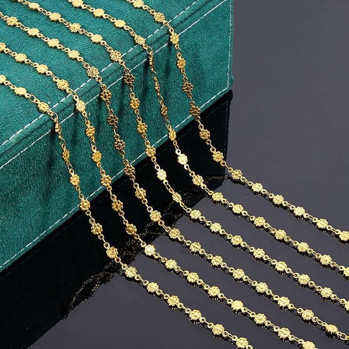UMAOKANG 13 Feet Gold Plated Chains for Jewelry Making Stainless Steel Flower Link Chain Bulk on Spool
