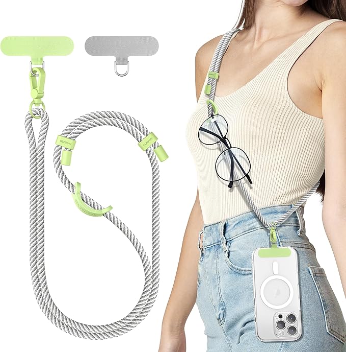 SURPHY Phone Lanyard, Adjustable Phone Strap Crossbody with 2 Pack Phone Tether Tab, Premium Metal Buckles and Two-Color Braided Cell Phone Lanyard Crossbody for Women and Men, Gray & White