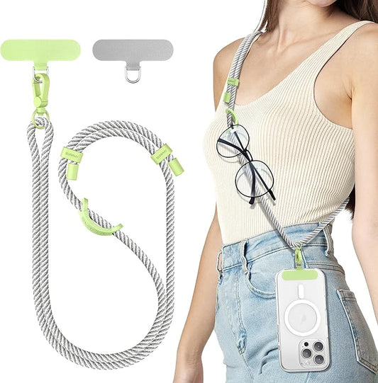 SURPHY Phone Lanyard, Adjustable Phone Strap Crossbody with 2 Pack Phone Tether Tab, Premium Metal Buckles and Two-Color Braided Cell Phone Lanyard Crossbody for Women and Men, Gray & White