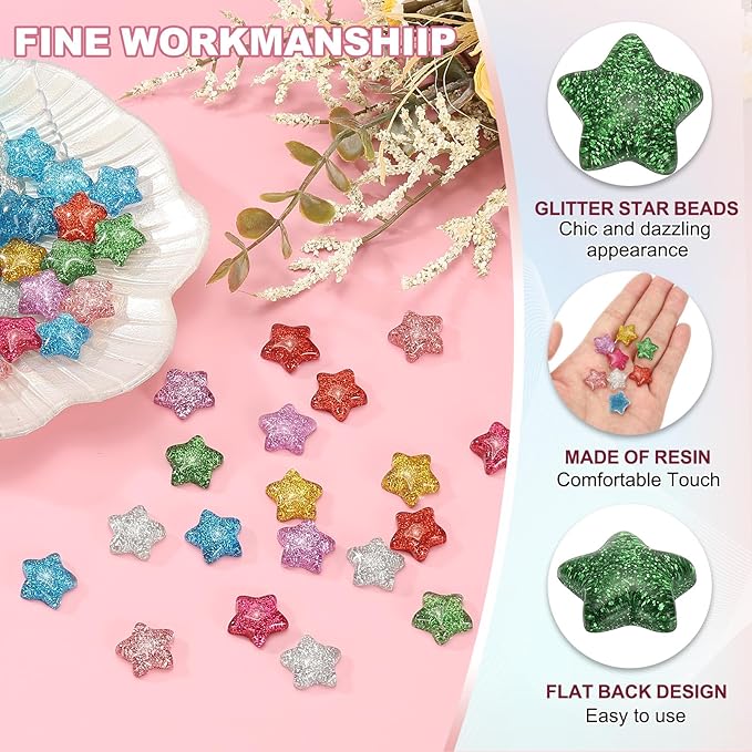 PATIKIL 60 Pcs Flat Back Resin Star Beads, Glitter Star Charms Bulk Mini Flat Back Beads Embellishments for DIY Crafts Phone Case, Green