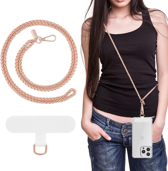 MoKo Universal Phone Lanyard, Metal Cell Phone Chain Crossbody Strap Anti-Theft Detachable Women Cellphone Lanyards Around The Neck with Patches for iPhone, Most Smartphones, Pale Rose Gold