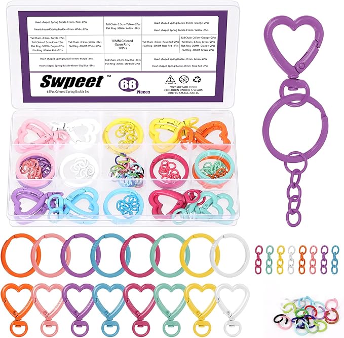 Swpeet Key Ring Carabiner 68Pcs 8Colors Heart-Shaped Swivel Lobster Claw Clasps with Key Rings, Open Jump Rings and Key Chains Assortment Kit, Metal Swivel Spring Clasps for DIY Craft Making