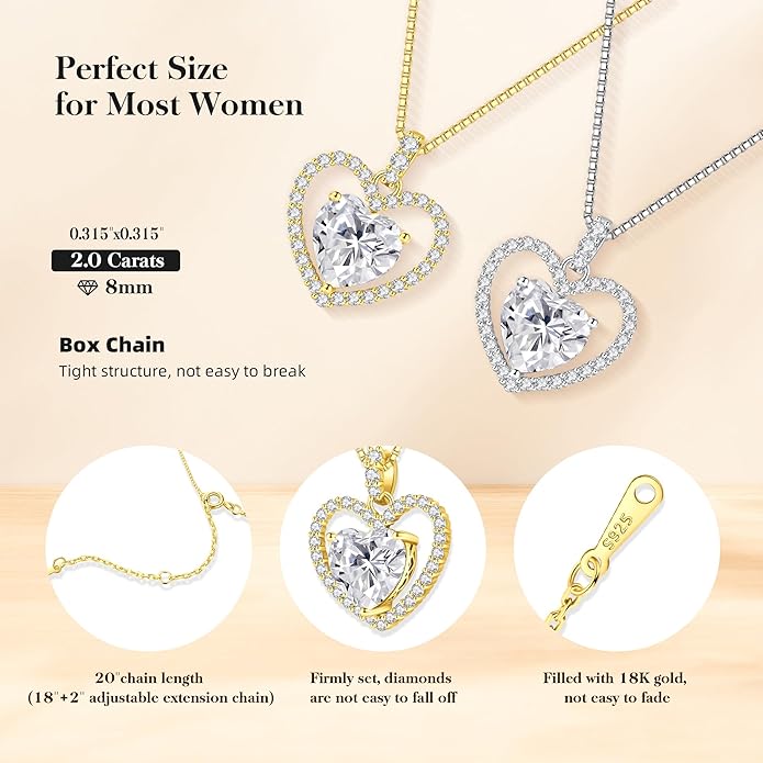 geweio 2CT Moissanite Heart Necklace for Women Wife in Gift Box,S925 Sterling Silver Jewelry for Women,Anniversary Birthday Present for Wife Her Girlfriend,18K Gold/White Gold Filled