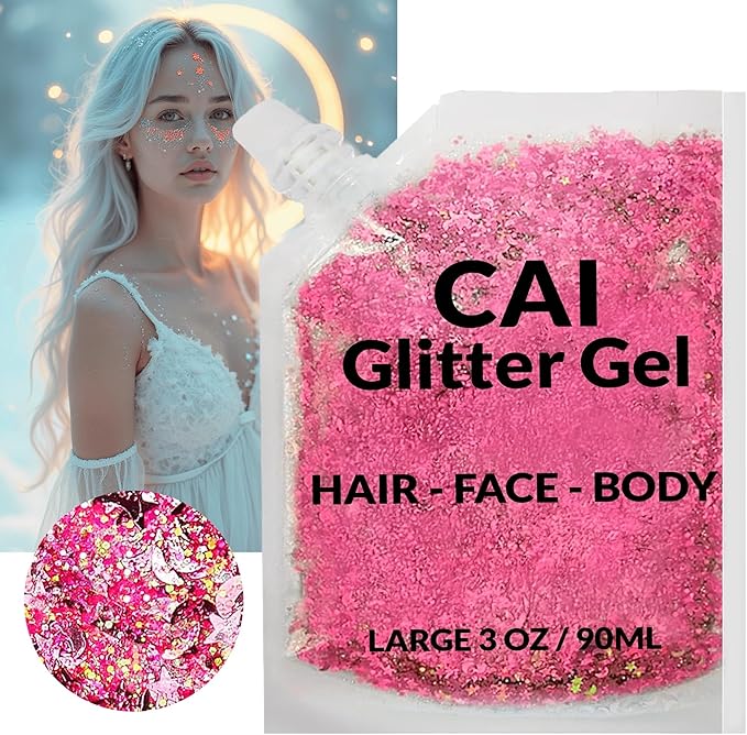 Face, Body & Hair Glitter Gel – Halloween Glitter for Kids and Women – 3 Oz Cosmetic-Grade Gel w/Moon & Stars for Festivals & Halloween Party, Easy Apply & Wash Off - Pink 1Pack