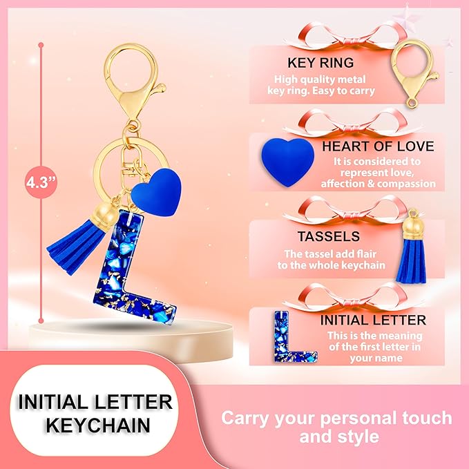 Initial Keychains for Women with Cute Heart Resin - Alphabet Letter Keychain for Bag, Backpacks, Purse or Car key