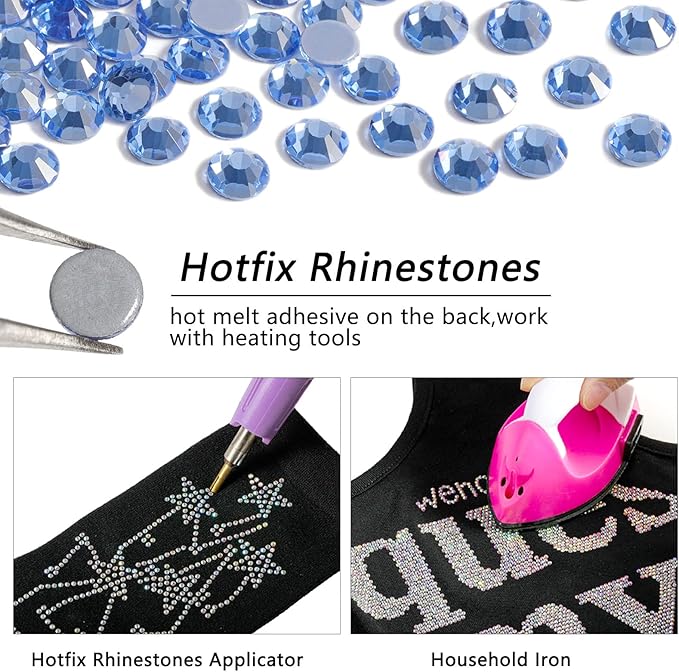 Beadsland Hotfix Rhinestones, 288pcs Crystal Rhinestones for Crafts Clothes DIY Decoration, Light Sapphire, SS34, 7.0-7.3mm