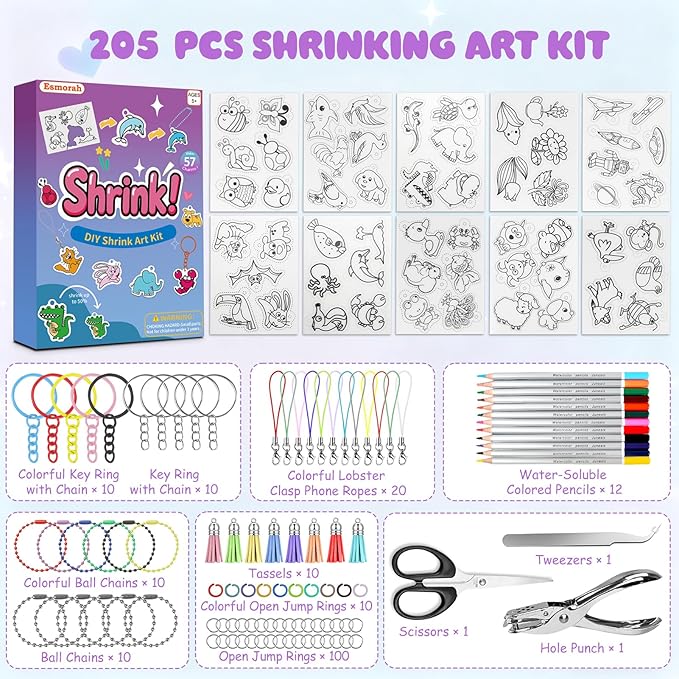 205PCS Shrink Dink Sheets Keychain Kit, Shrink Plastic Sheets with 10 Pre-Printed Shrinking Paper, 12 Colored Pencils, Scissors, Hole Punch & 181PCS Accessories for Kids Craft Supplies, Christmas Gift