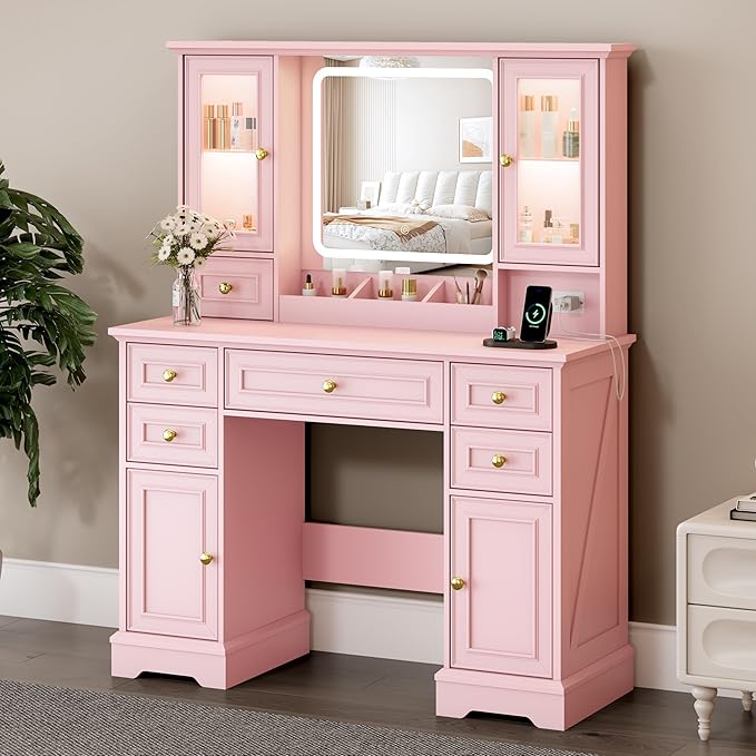 Vanity Desk with Mirror & Lights, Makeup Vanity with Power Outlet & USB Ports, Farmhouse Dressing Table, 6 Drawers & 4 Storage Cabinets, RGB Cabinet Lighting, 3-Color Dimmable Mirror