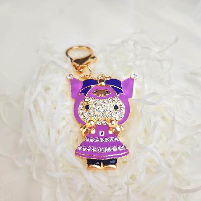 Cute Keychain for Women with Braided Rope, PomPom and Sparkling Rhinestones - Kawaii Charm for Kinds of Bags