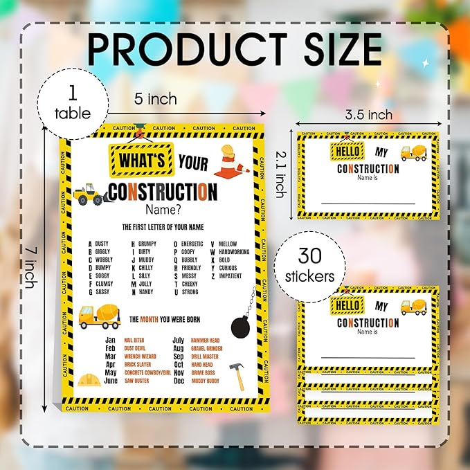 What's Your Construction Name Game, Construction Birthday Party Games for Boys,Construction Party Decorations, Kids Birthday Activities,1 Double Sided Sign and 30 Stickers,5x7 Inch
