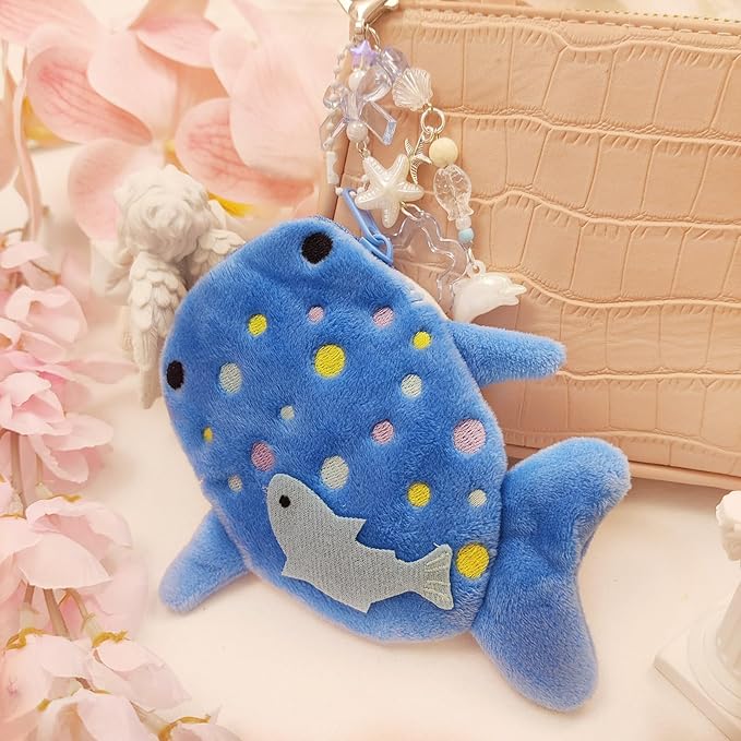 Adorable Whale Shark Coin Purse Keychain,Soft Plush Zipper Coin Purse,Handmade Purse Bag Charm Gift for Women (Blue)