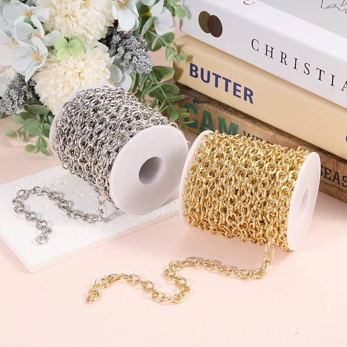 BORUINIE Silver Chain for Jewelry Making 33 Feet Aluminum Rolo Cable Chains Bulk for Bracelet Necklace Jewelry Making