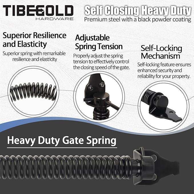 14" Gate Spring Self Closing, Heavy Duty Black Door Closer Spring, Adjustable Tensioner Automatic Outdoor Gate Closure, Gate Spring Hardware for Wooden and Vinyl Fence, 2 Pack