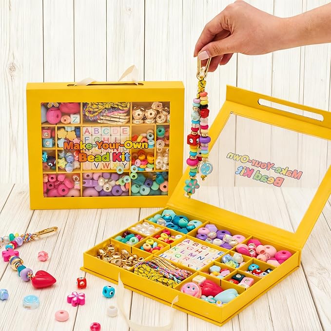 MYCUTEY DIY Keychain Making Kit-Beaded Keychain & Bag Charm Craft Supplies with Keyrings,Cords and Colorful Letter,Star,Heart,Beads,Personalized Name Making Kit Gifts for Kids Girls Women