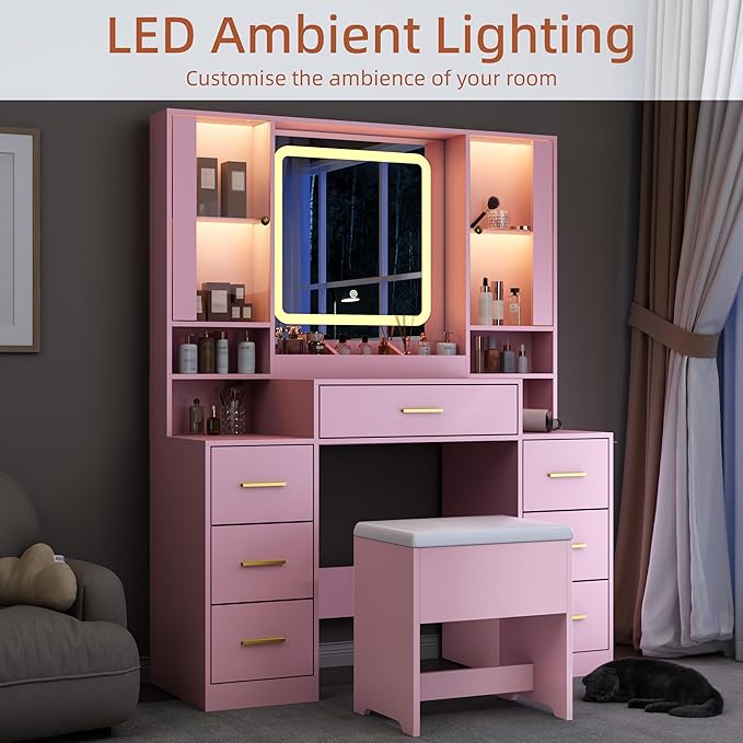 Vanity Desk with Mirror & Lights, Makeup Vanity with Power Strip & Chair, 7 Drawers & 2 Cabinets, Hair Dryer Holder, RGB Cabinet Lighting, 3-Color Dimmable Mirror, and Cushioned Stool