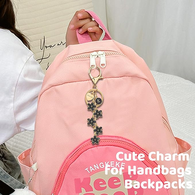 Suweibuke Cute Initial Letter Keychain with Love You Heart, Enamel Flower Charm for Key Handbag Backpack - Women Girls Gifts