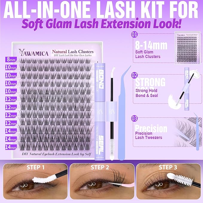 Yawamica Lash Clusters Kit Natural Lash Extension Kit 8-14mm Short Eyelash Clusters C Curly Wispy Individual Lashes with Waterproof Lash Bond and Seal and Lash Tweezers DIY Lash by Self