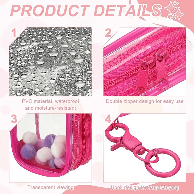 uxcell 4 Inch Clear Figure Display Bag, Mini Clear Pouch Waterproof Coin Pouch with Keychain and Pom Poms for Blind Box Doll Display (Oval, Red)