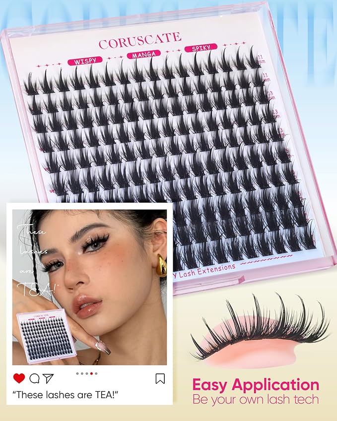 CORUSCATE Manga Lash Clusters Kit Spikes Anime Eyelash Clusters Natural Lash Extension Kit Wispy Cluster Eyelash Extensions Japanese Individual Lashes CD Curl DIY with Lashes Cluster Glue