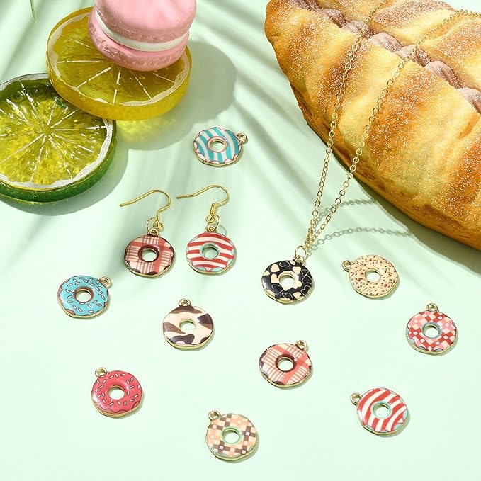 Stiesy 50 Pcs 10 Colors Dessert Donut Charms Pendants Cute Enamel Doughnut Food Alloy Metal Charms Bulk for Jewelry Crafts Necklace Bracelets Earring Making DIY Presents