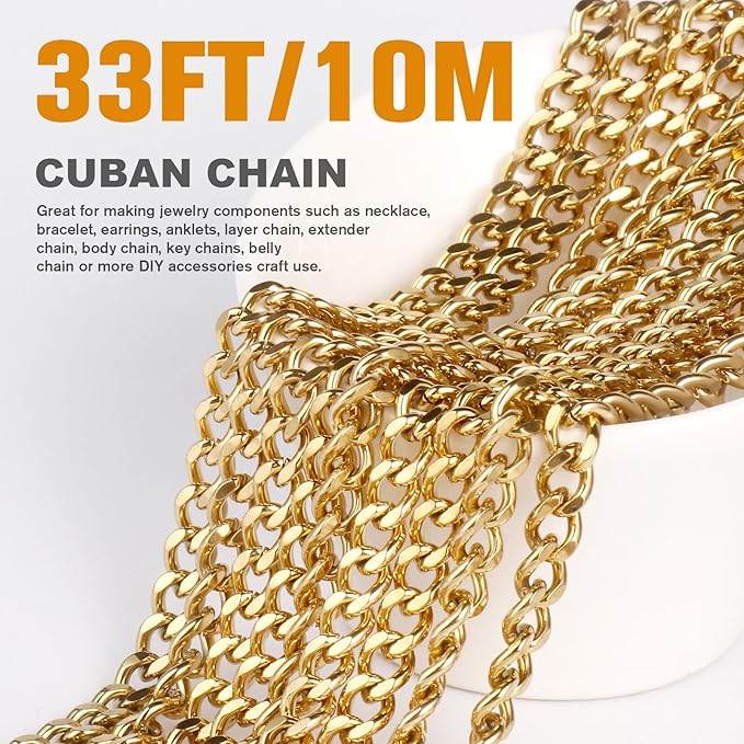 33FT Gold Stainless Steel Cuban Chain Roll 4.3MM 18K Gold PVD Plated Diamond-Cut Curb Link Chains Spool Bulk for Jewelry Making