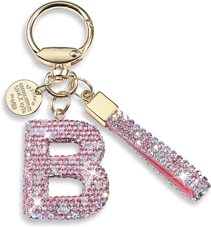 Pink Blue White Initial Letter Keychain Gift for Women Girls Bling Sparkly Cute Backpack Car Key Accessories Lanyard