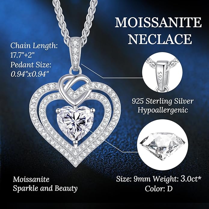 OOBEE Moissanite Heart Necklaces for Women, 1- 4 Carat Moissanite 925 Sterling Silver Gold Plating Fine Women Necklace，Ideal Anniversary Birthday Christmas Valentine Mothers Day Jewelry Gifts for Mom Wife Her Girlfriend