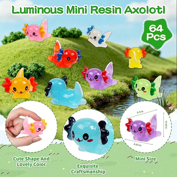 64Pcs Luminous Mini Resin Axolotl 8 Colors Glow in The Dark Small Little Resin Axolot to Hide Bulk Miniature Plastic Animal Figures for Micro Landscape Dollhouse Fairy Garden Aquarium Potted DIY Decor