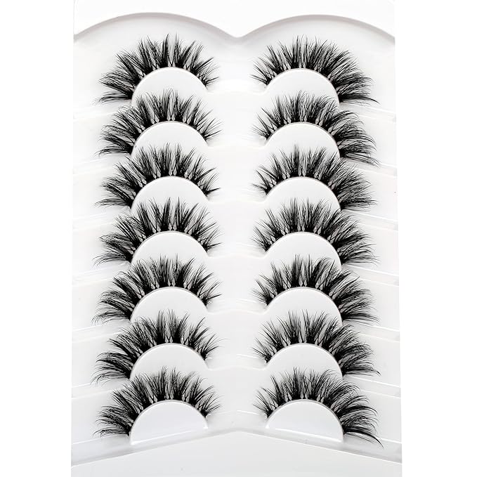Pooplunch False Eyelashes Invisible Band Cat Eye Lashes Wispy Extension Volume Natural Short Fake Eyelash Faux Mink Lashes Strips 7 Pairs Pack