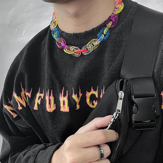 Punk Acrylic Colorful Leopard Print Clear Chain Necklace Rainbow Thick Paper Clip Necklace for Women Men Gift Hip Hop Geometric Bar Jewelry