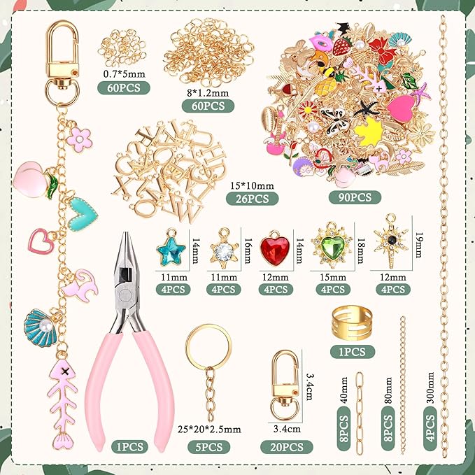 Draupnir 303pcs Keychain Making Kit,Include 137 Bags Charms for Handbags 25 Keychain Charms Clips with Key Ring 20 Extender Bag Chain 120 Jump Ring Jewelry Plier Bag Charm Kit DIY Craft