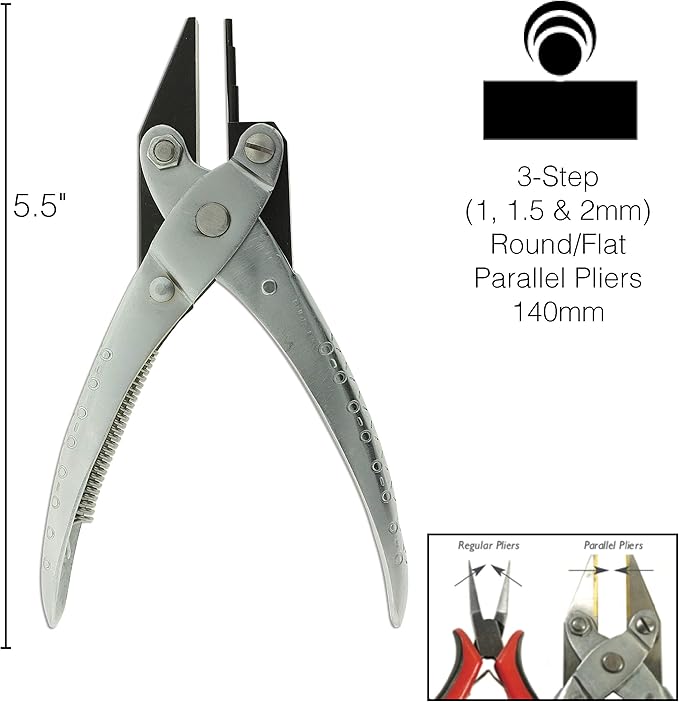 The Beadsmith 3-Step Round and Flat Nose Parallel Plier, Loops 1, 1.5, 2mm, 5.5 inches (140mm) Steel tool for jewelry making, with spring
