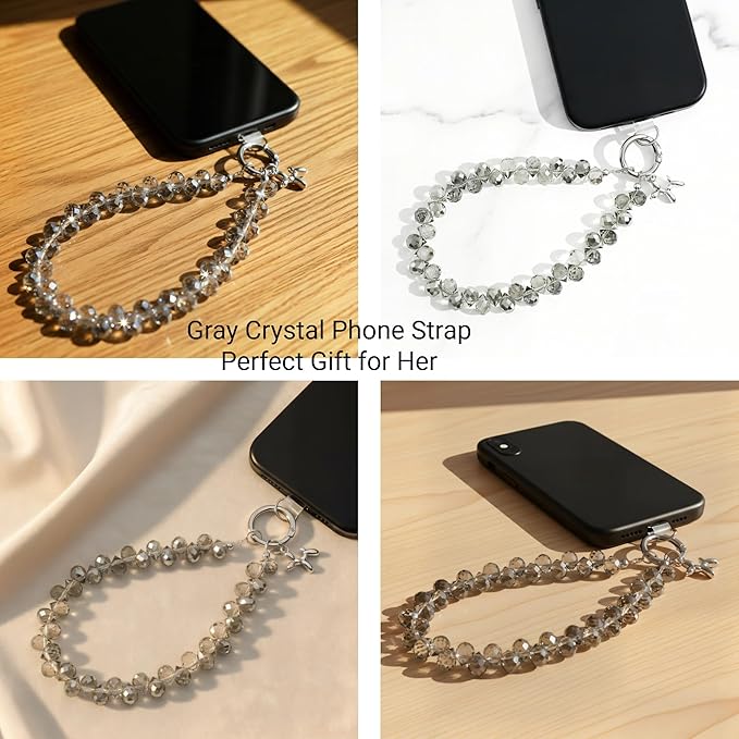 Crystal Phone Wrist Strap Phone Charm Chain Keychain Beaded Cellphone Lanyard with Tether Tab Hands-Free Wristlet Bracelet Wrist Grip Strap for Women, D-Gray