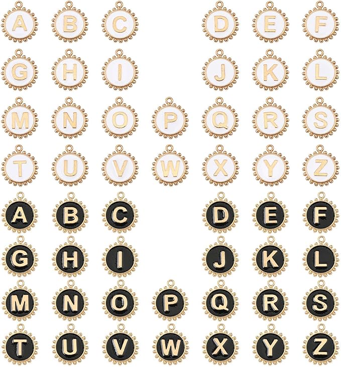 Stiesy 52 Pcs Black & White Enamel Letter Charms Flat Round with Letter A~Z Charm Pendants Bulk for Women Jewelry Making Crafting DIY Necklace Earring Presents